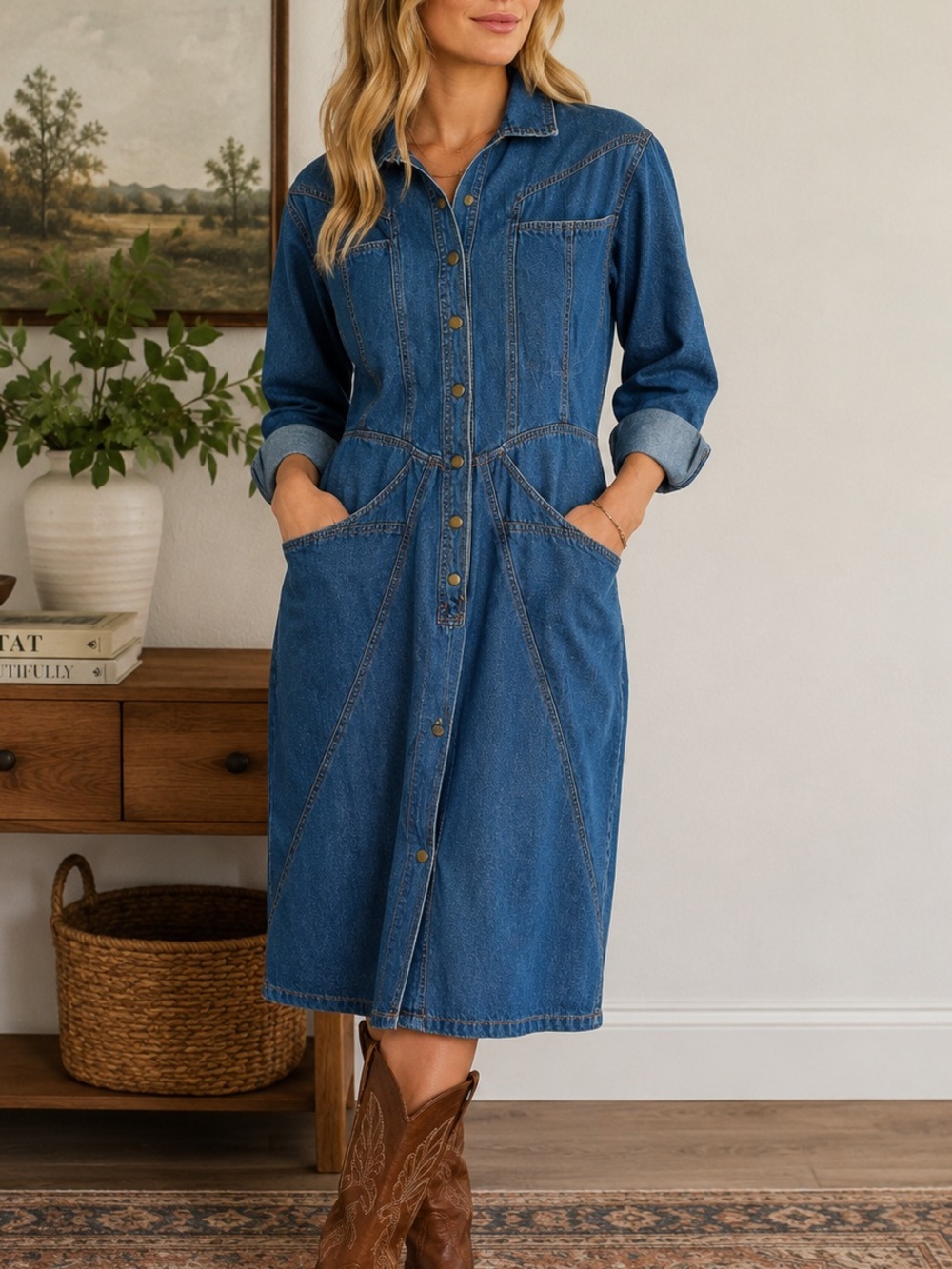 Vintage 90s Denim Shirt Dress 12 Med Snap Front Western Cotton Midi Blue Pockets
